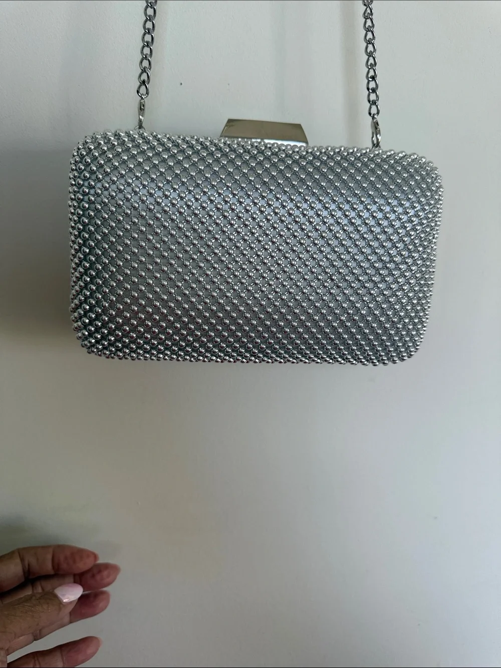 Olga Berg Silver Rhinestone Mesh Evening Clutch with Chain